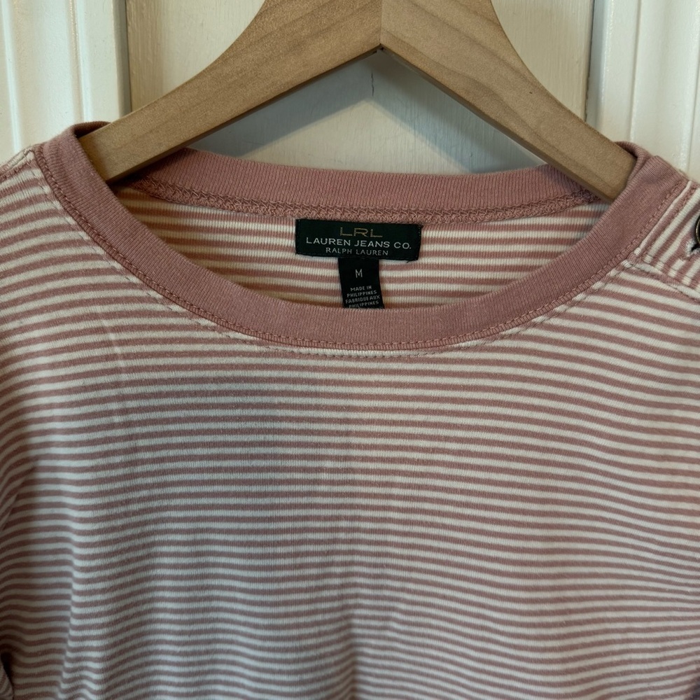 Lauren Ralph Lauren Women’s Pink &. White Striped Long Sleeve Size M 100% Cotton - Picture 2 of 10